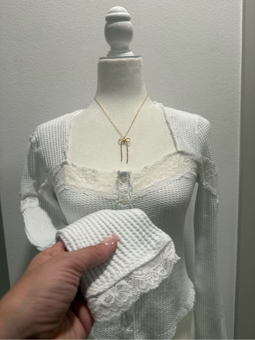 Free People White Lace-Trim Waffle Knit Long Sleeve Top